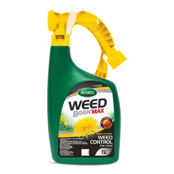 Green and yellow bottle of Scotts Weed b gon Max 1 liter bottle for lawn weed control on a white background