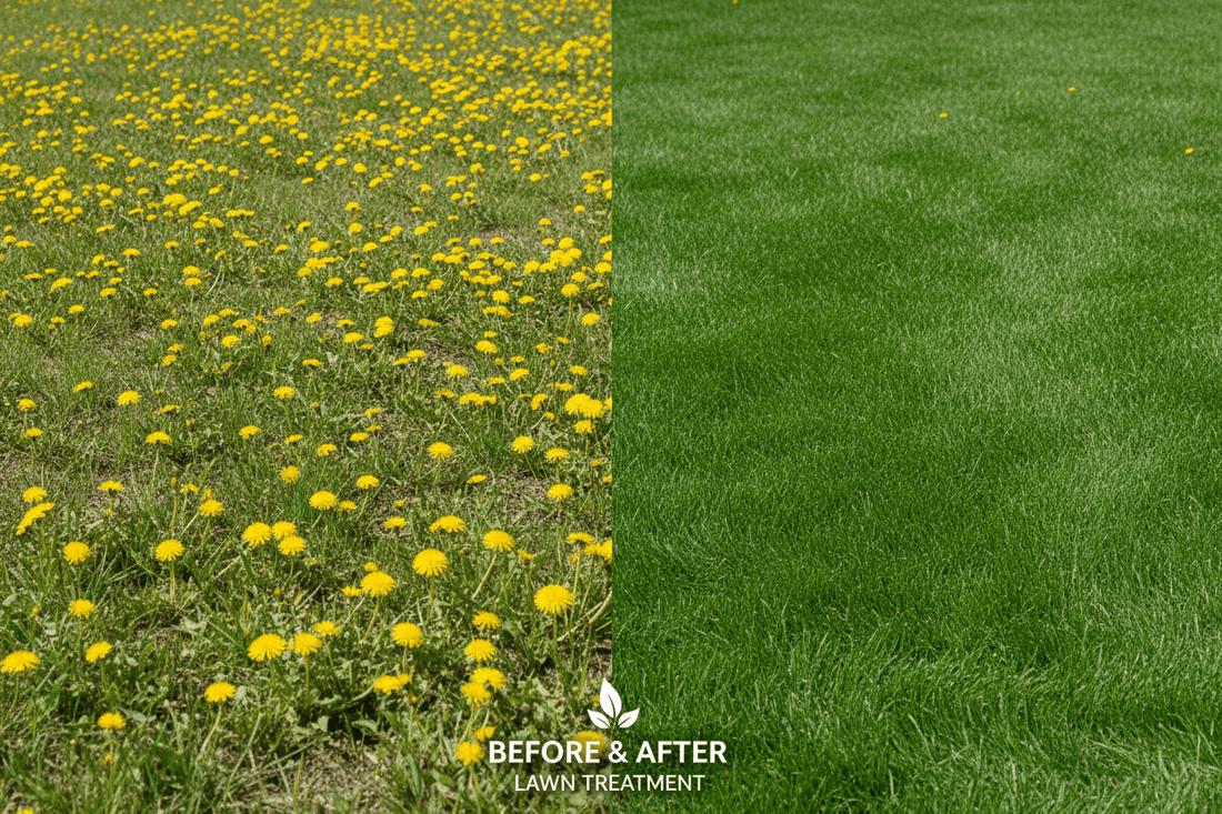 How to Kill Dandelion Weeds in Canada: Before and after lawn treatment showing dandelions removed.