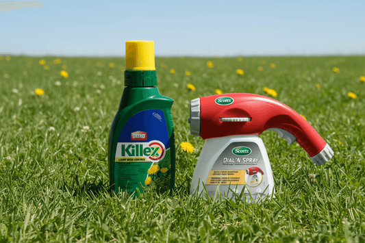How to Use Killex with Scotts Dial 'N Spray on lush green grass with dandelions in Canada.