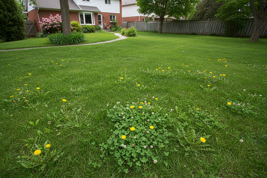 Broadleaf weeds in a Canadian lawn highlighting the need for summer weed killer Canada.