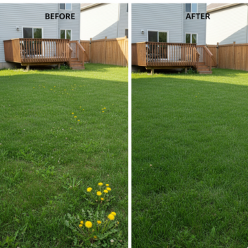 killex Before and after comparison of a backyard with a deck and grass.