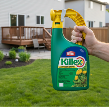 Hand holding a green and yellow bottle of Ortho Killex lawn weed control in a backyard.