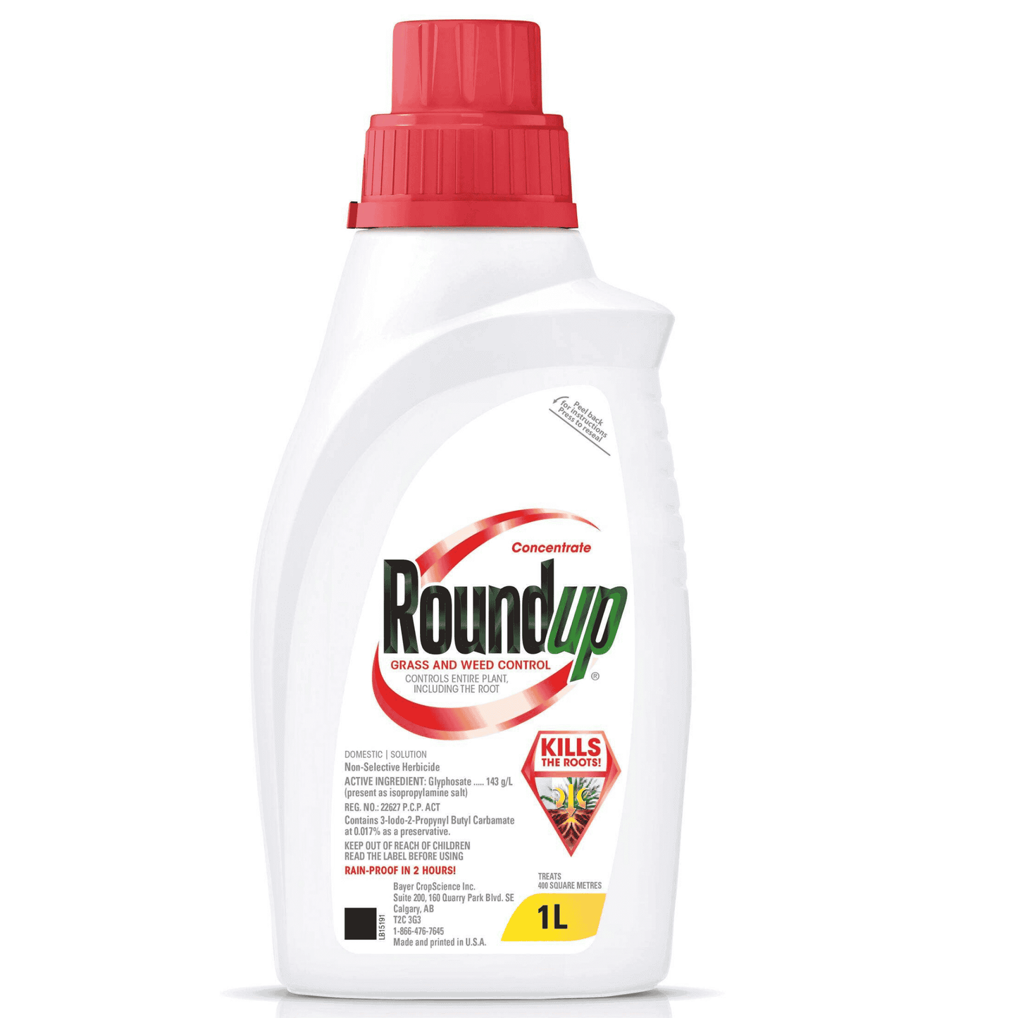 Roundup concentrate 1L packaging for effective lawn weed killer, kills weeds to the root and covers large areas.