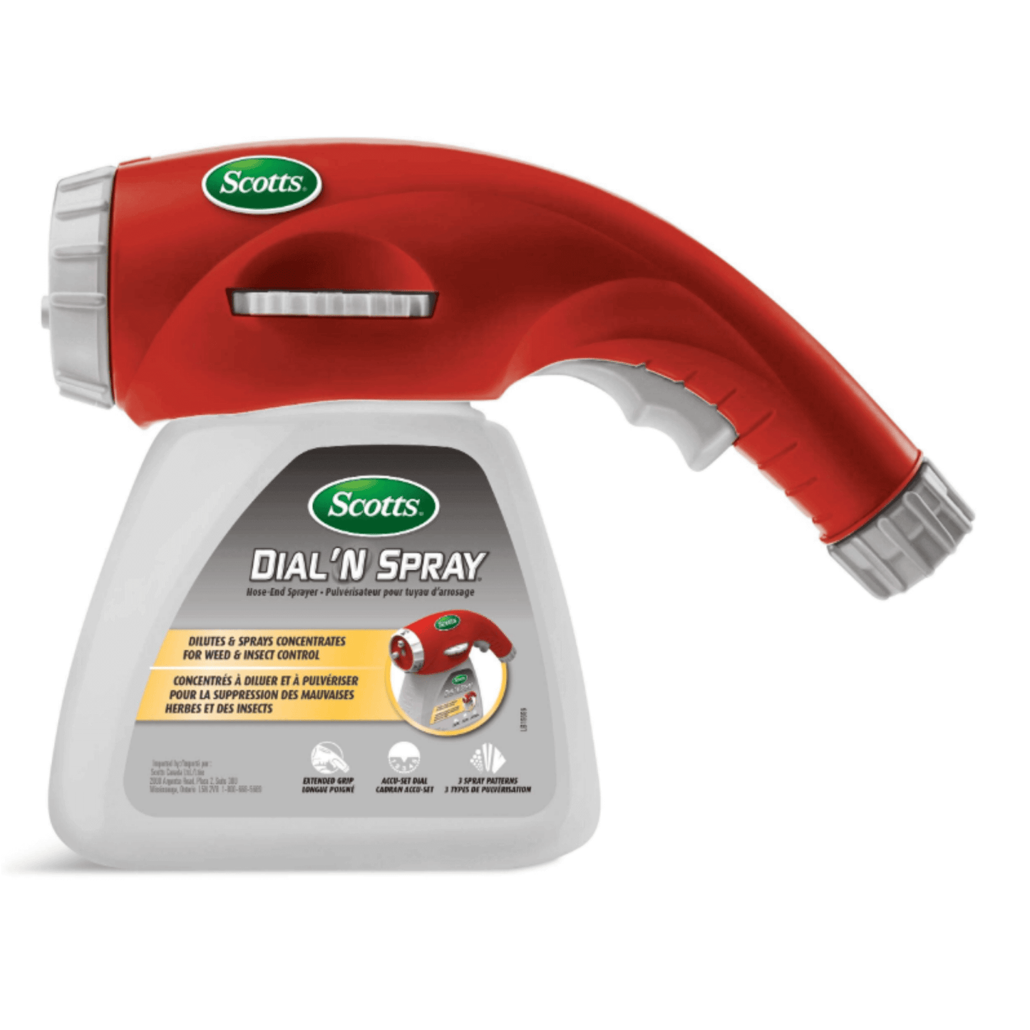 Scotts Dial N Spray hose sprayer with an adjustable dial for easy lawn care and pest control, connecting to standard garden hoses.